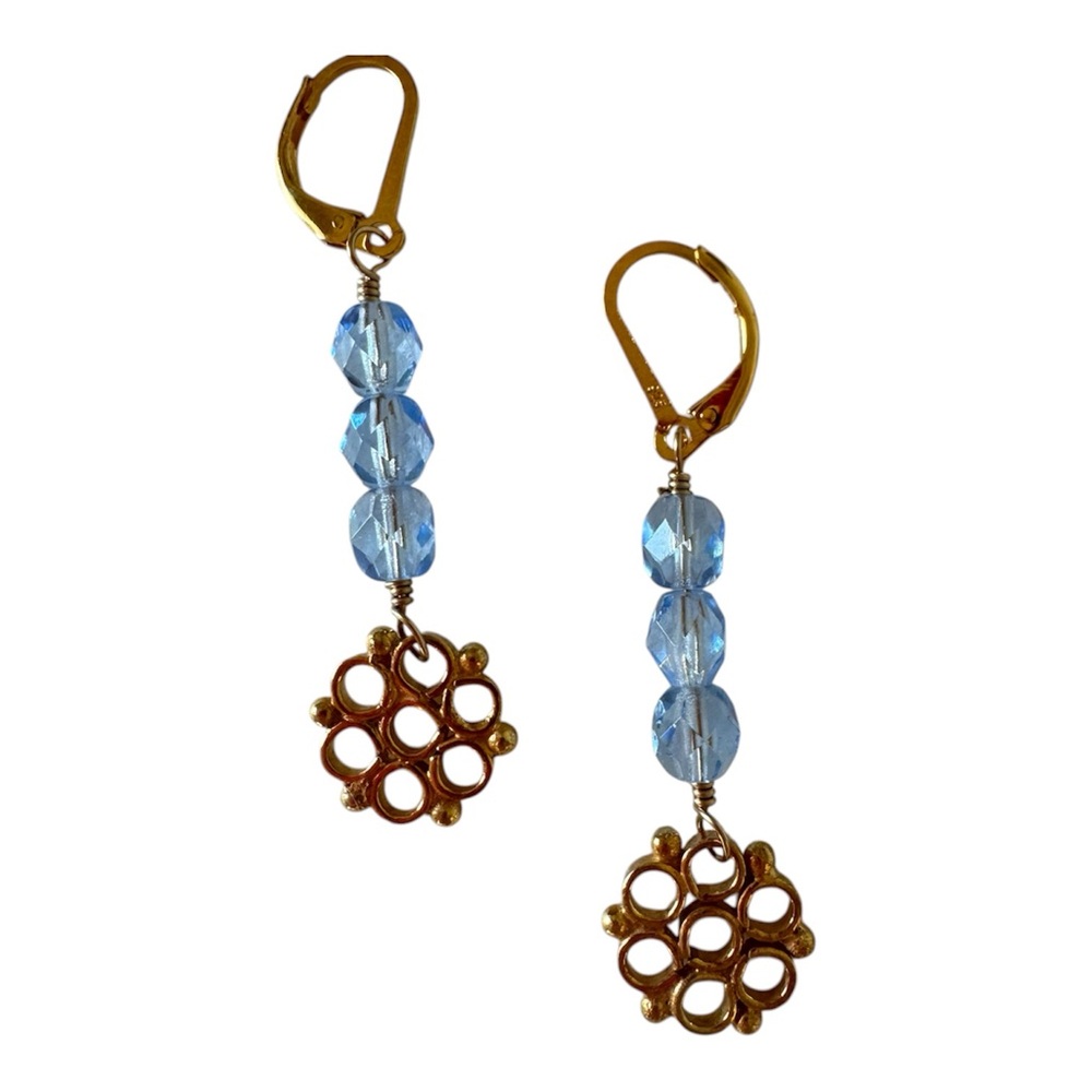 Hand Crafted 14k Gold and Blue Crystal Beaded Drop Snowflake Earrings NEW